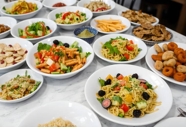 A Festive Table of Salads, Pasta, and Appetizers